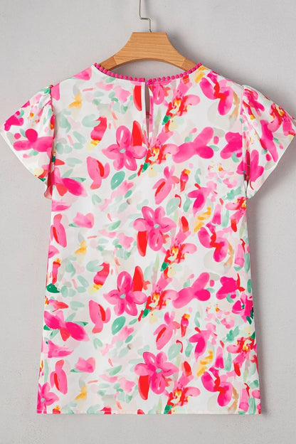 Floral Print Ruffle Sleeve Round Neck Blouse