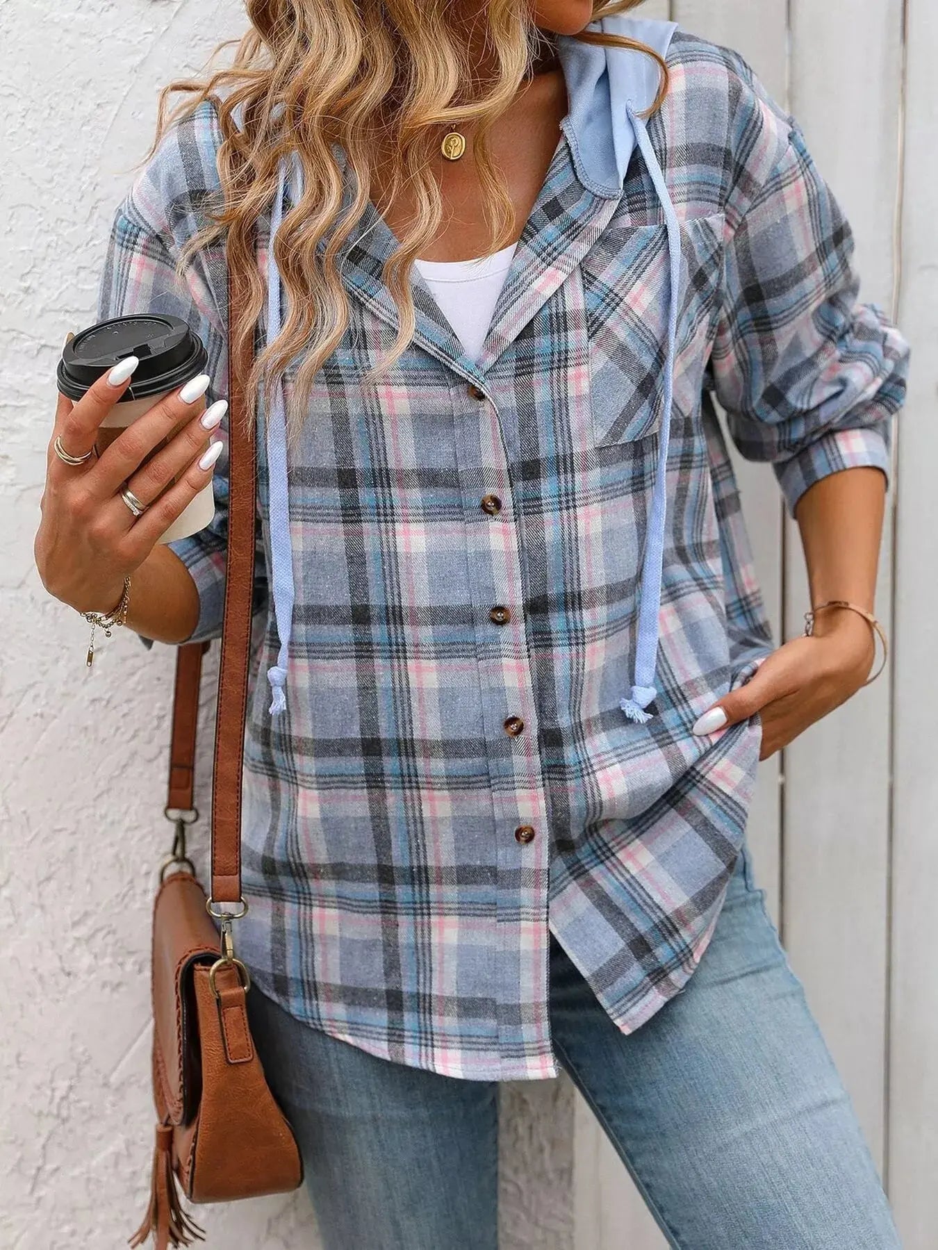 Hooded Plaid Button-Up Shirt Simply Love