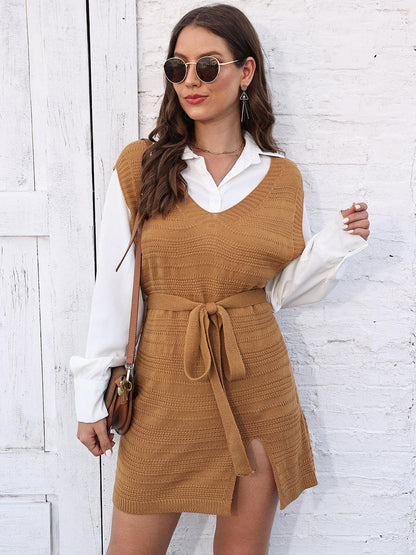 Tie Front V-Neck Sleeveless Slit Sweater Dress.