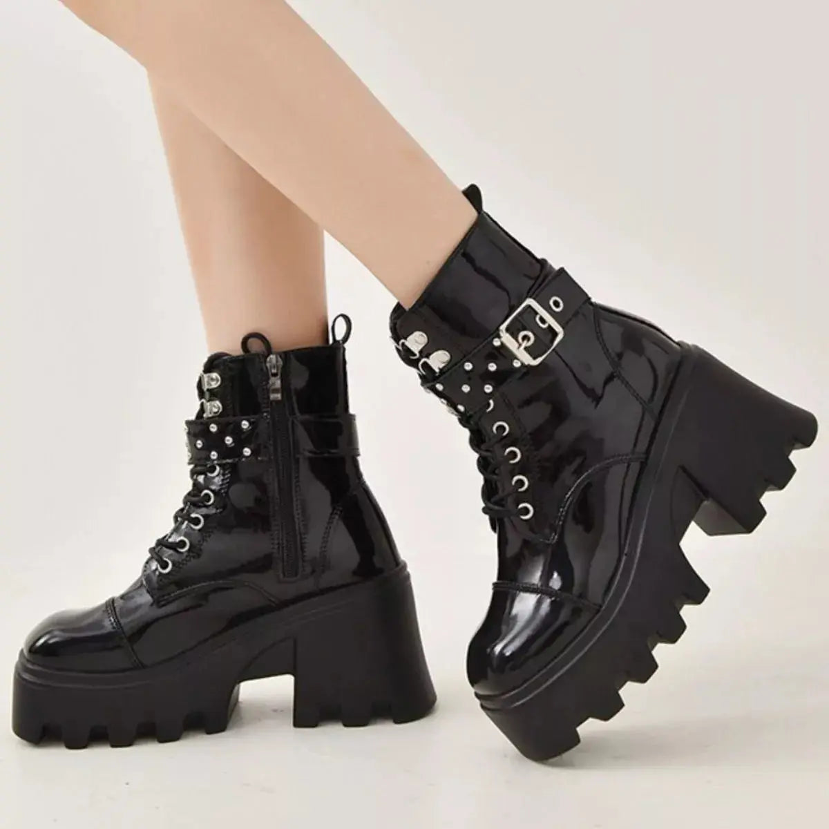 Platform Ankle Boots with Buckle and Studded Detail Simply Love