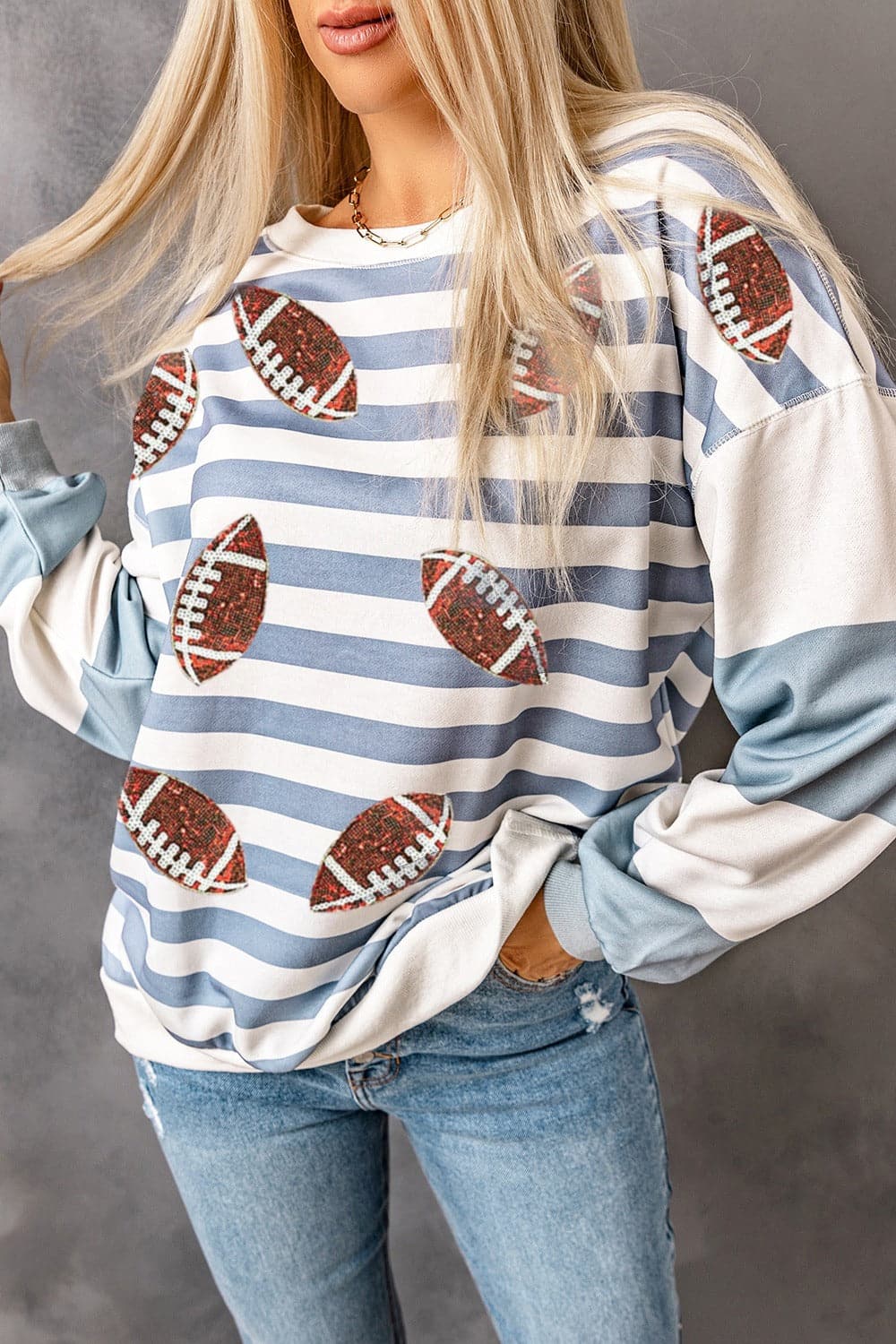 Football Striped Round Neck Long Sleeve Sweatshirt.