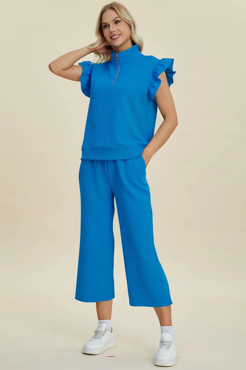Double Take Full Size Texture Ruffle Short Sleeve Top and Wide Leg Pants Set - Love Salve