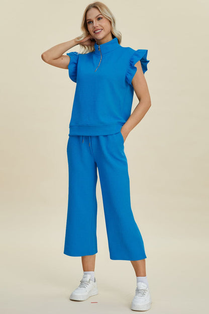 Double Take Full Size Texture Ruffle Short Sleeve Top and Wide Leg Pants Set.