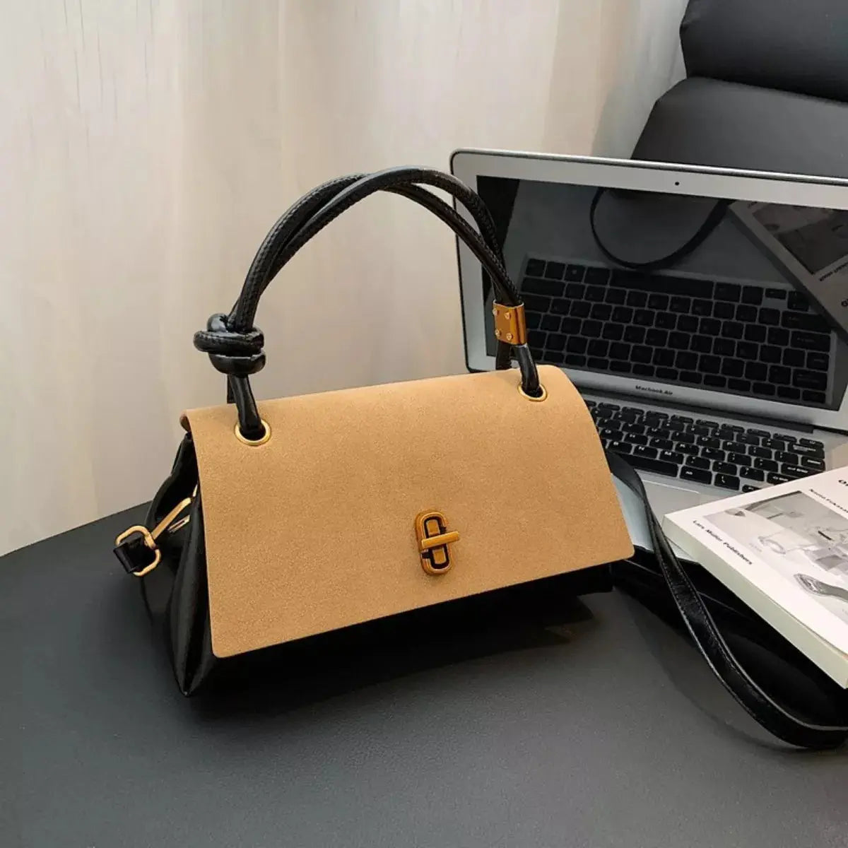 Flap Crossbody Bag With Top Handle Small PU Leather Gold Hardware Simply Love