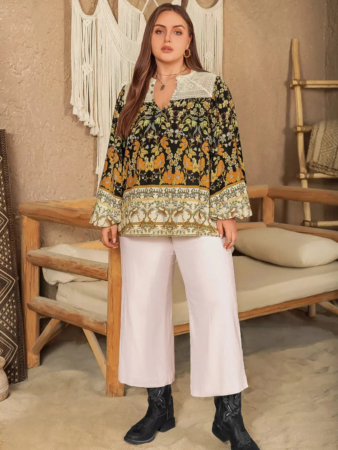 Plus Size Floral Print Notched Blouse Simply Love