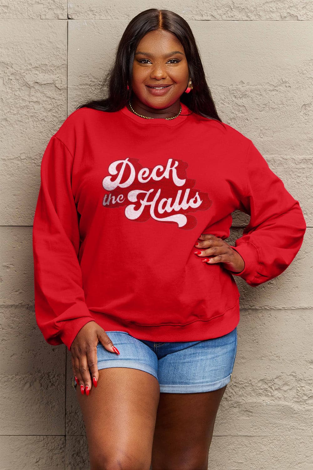 Simply Love Full Size DECK THE HALLS Graphic Sweatshirt.