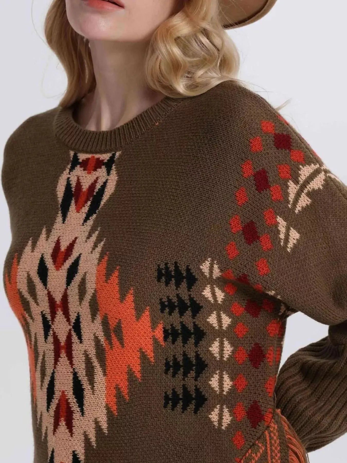 Geometric Pattern Fringe Sweater Simply Love