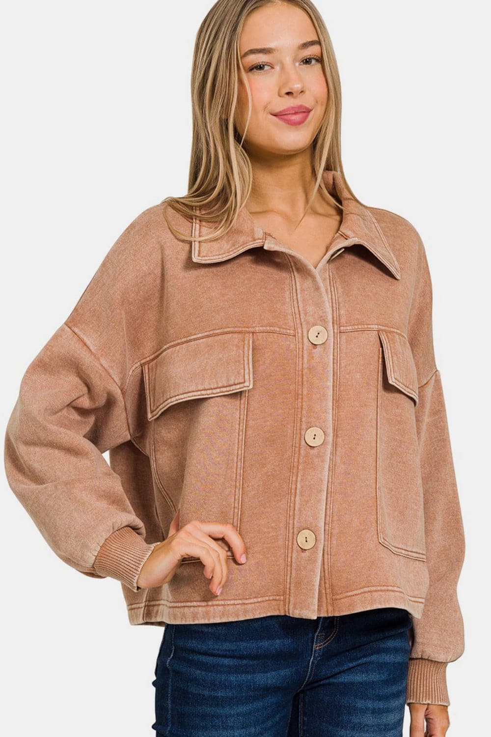 Zenana Wash Fleece Front Pocket Button Up Shacket.