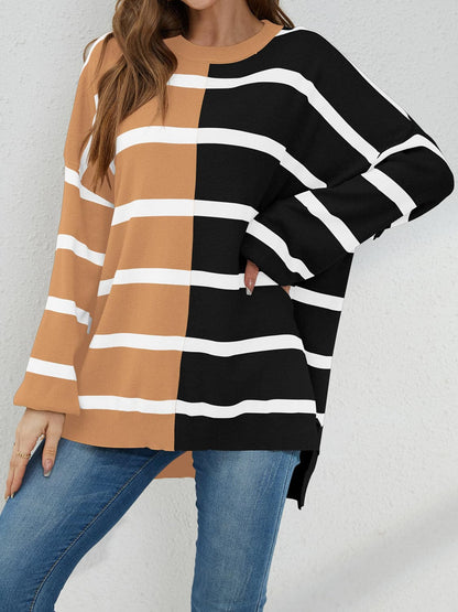 Striped Round Neck Long Sleeve Sweater.