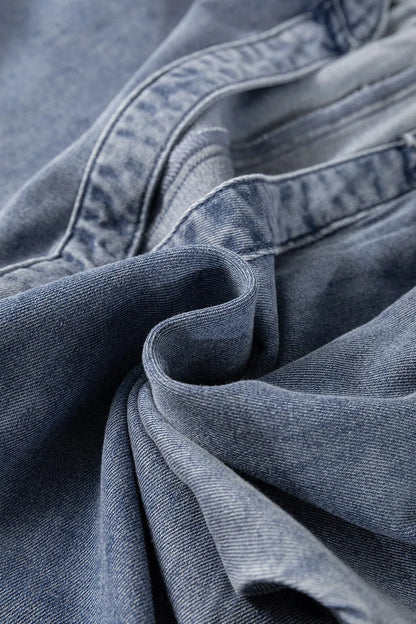 V Neck Ruffled Short Puff Sleeve Denim Top