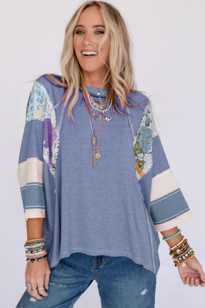 Floral Striped Patchwork Round Neck Blouse