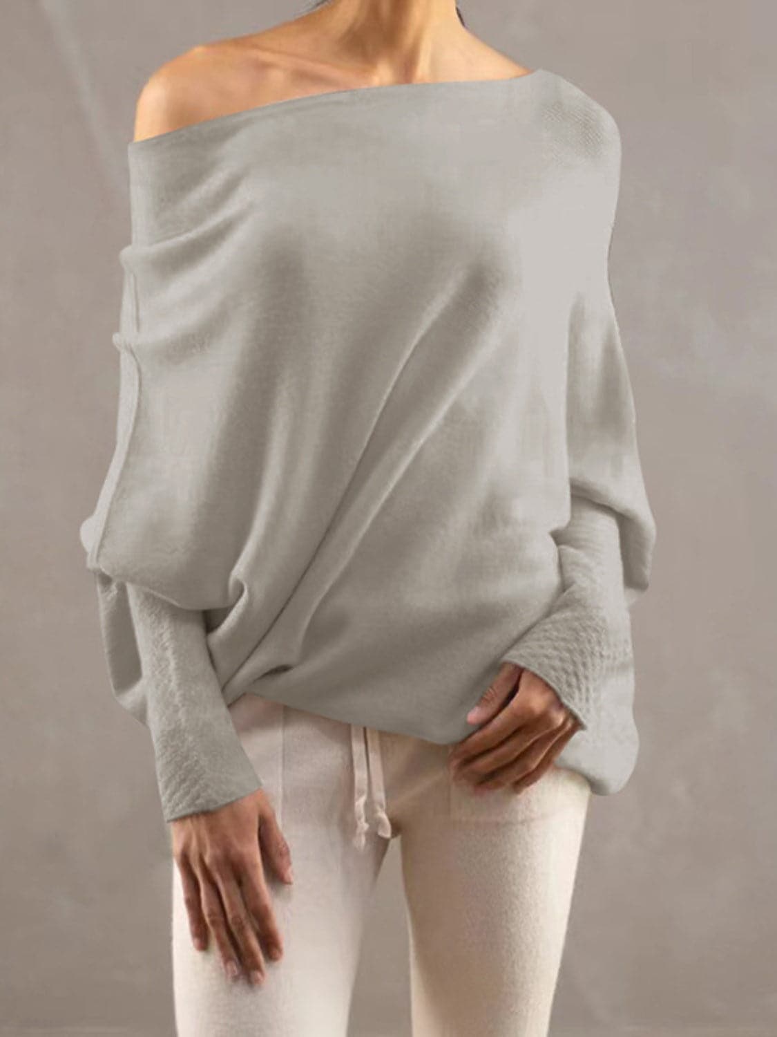 Full Size Boat Neck Batwing Sleeve Knit Top.