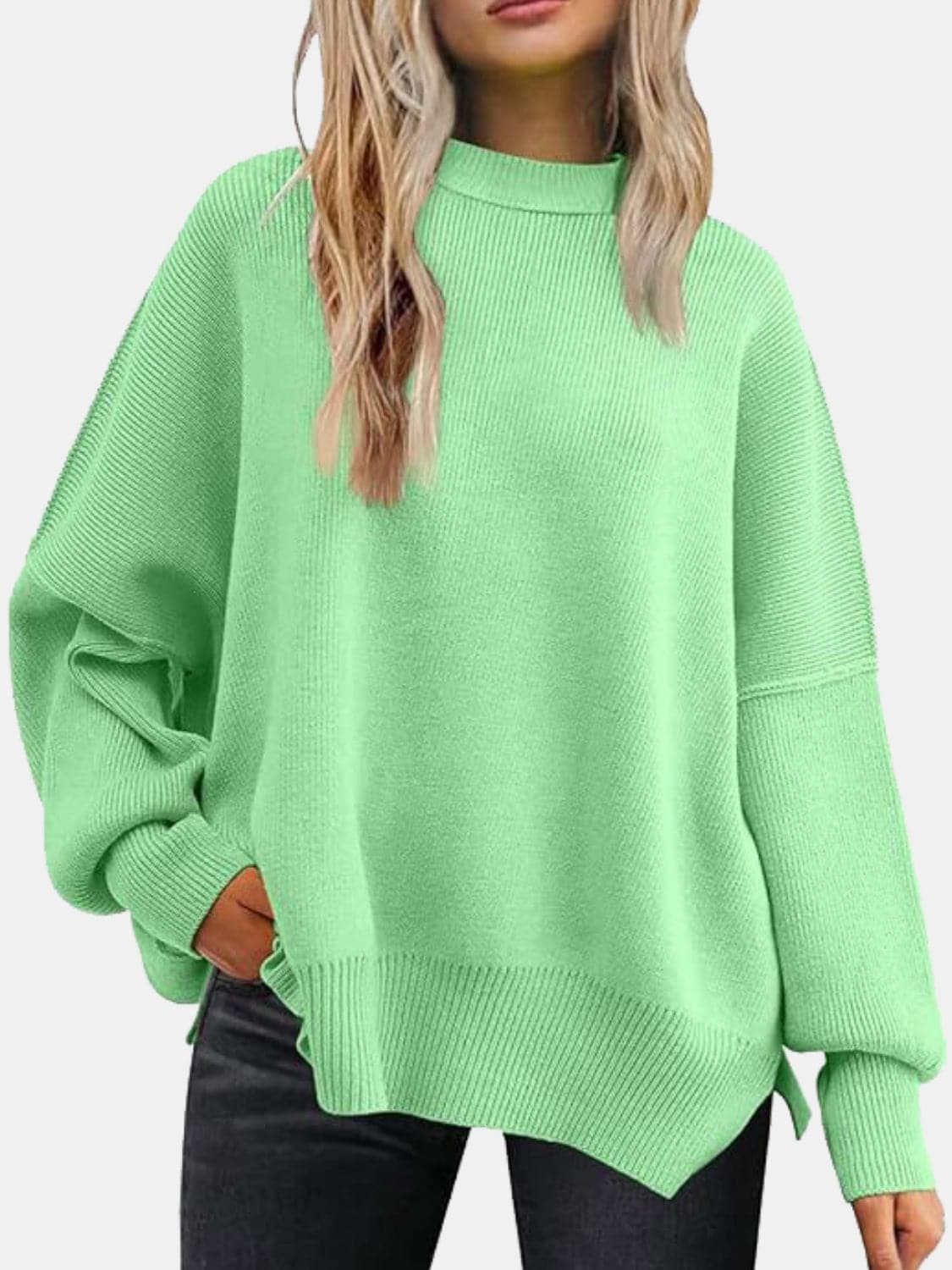 Round Neck Drop Shoulder Slit Sweater.