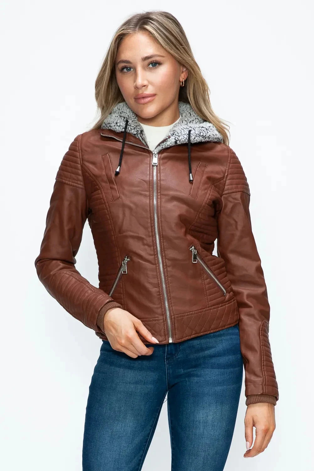 YMI Faux Layered Double-Zipper Jacket with Fuzzy Hood Coco’s Tee Boutique