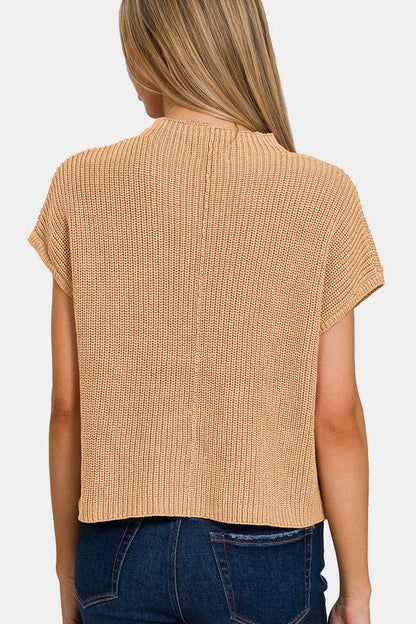 Zenana Mock Neck Short Sleeve Cropped Sweater.