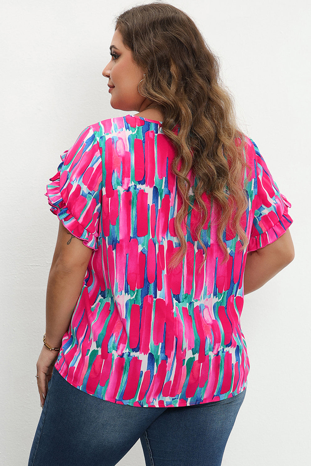 Floral plus size ruffled sleeve blouse with abstract design