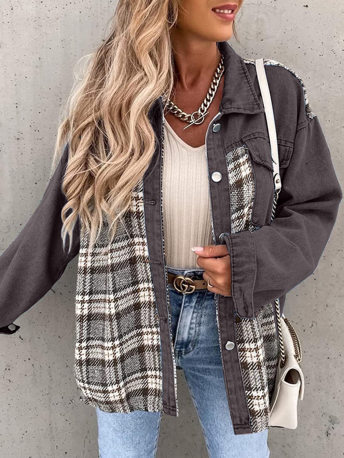 Plaid Button Up Dropped Shoulder Jacket.