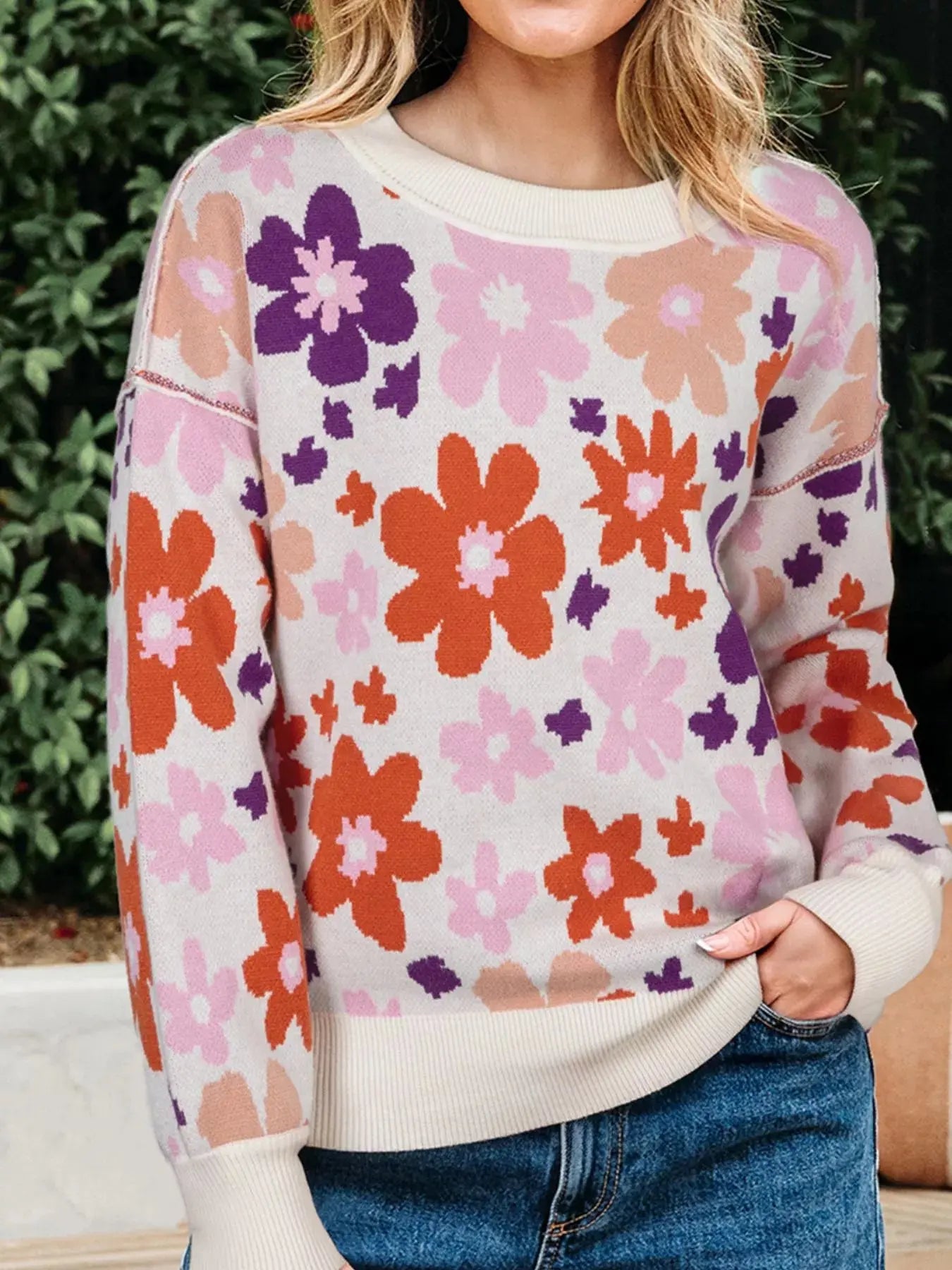 Floral Pattern Drop Shoulder Sweater Simply Love