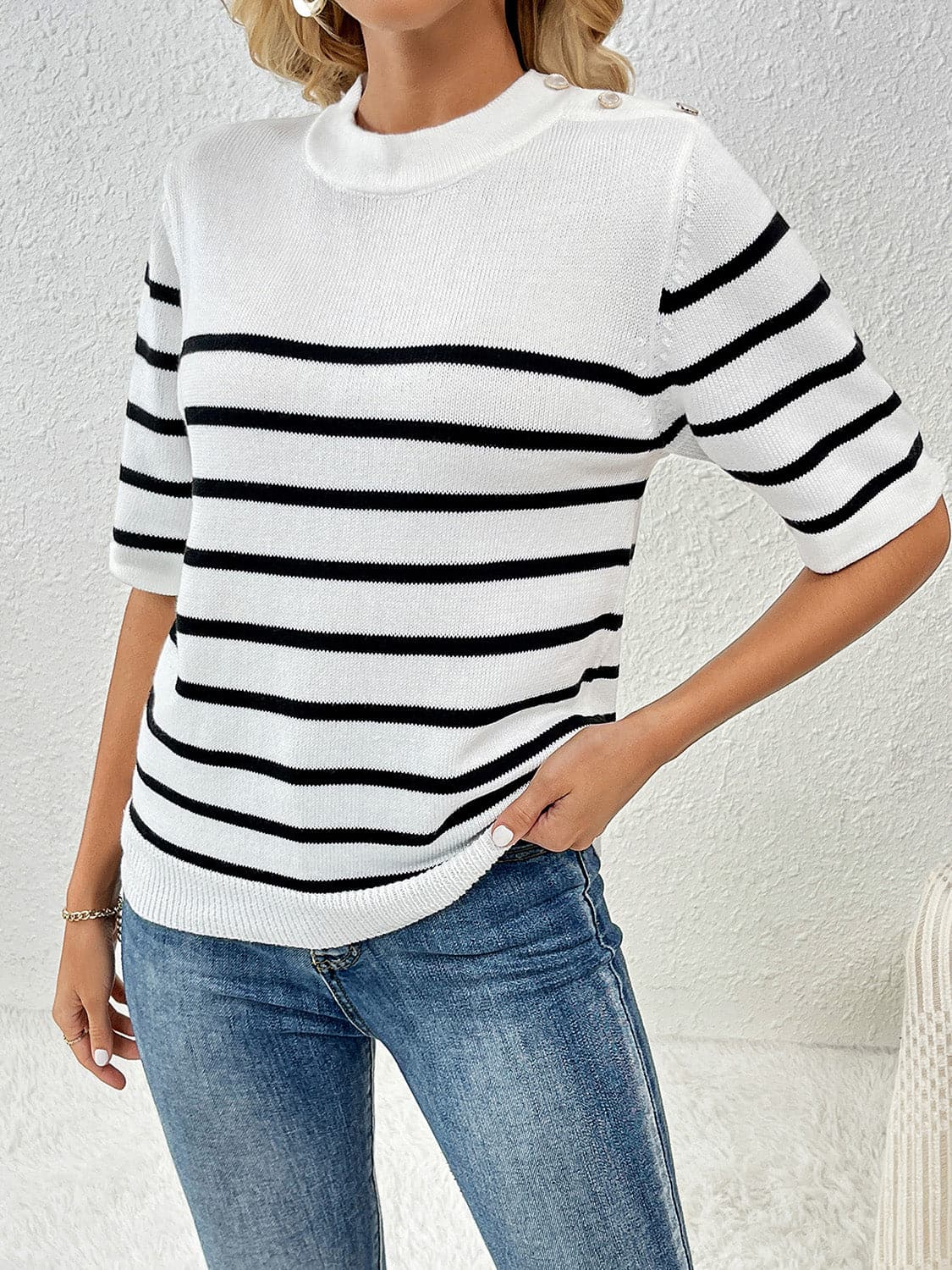 Striped Round Neck Half Sleeve Knit Top.