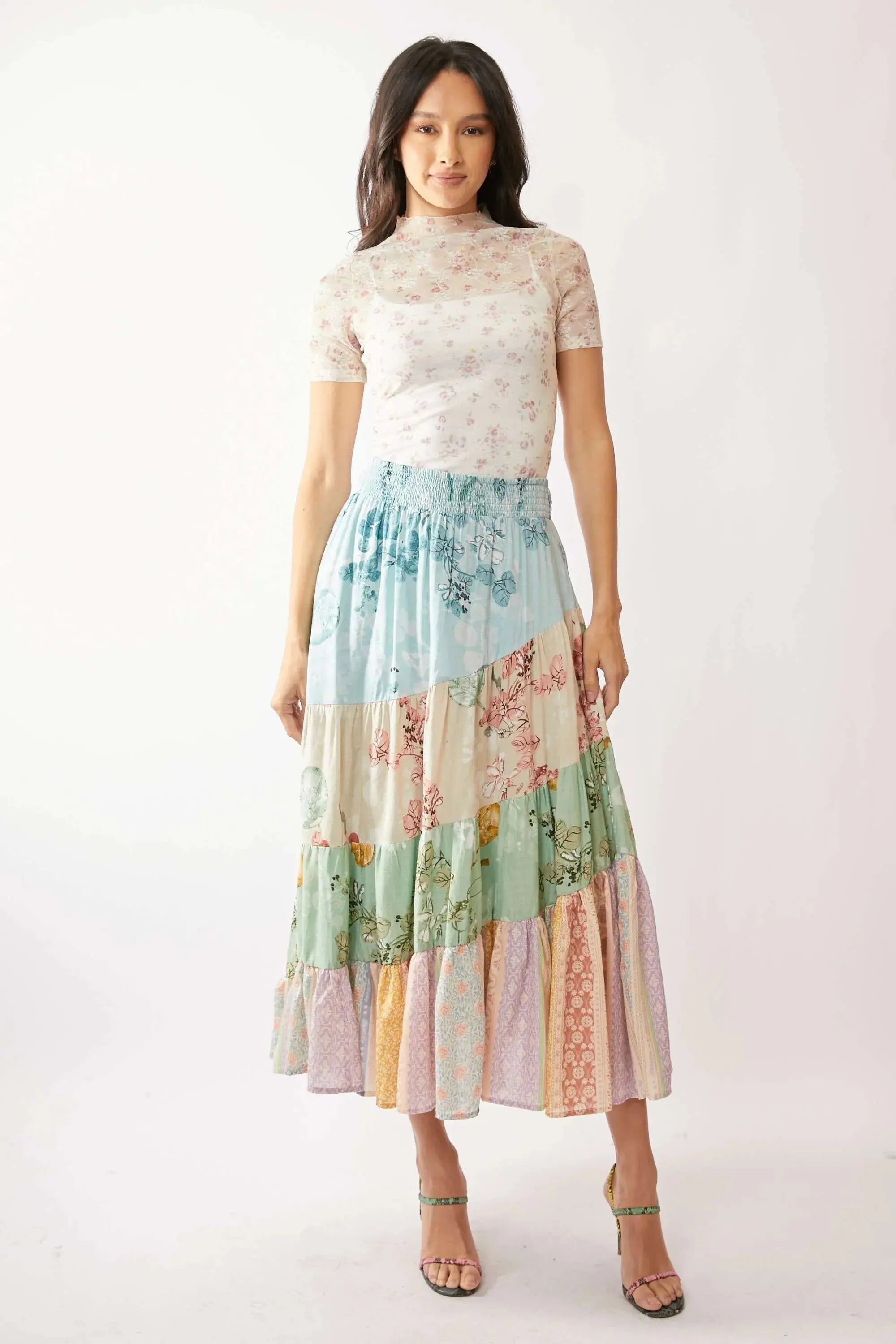 Davi & Dani Floral Mesh Mock Neck Short Sleeve Top - Love Salve 