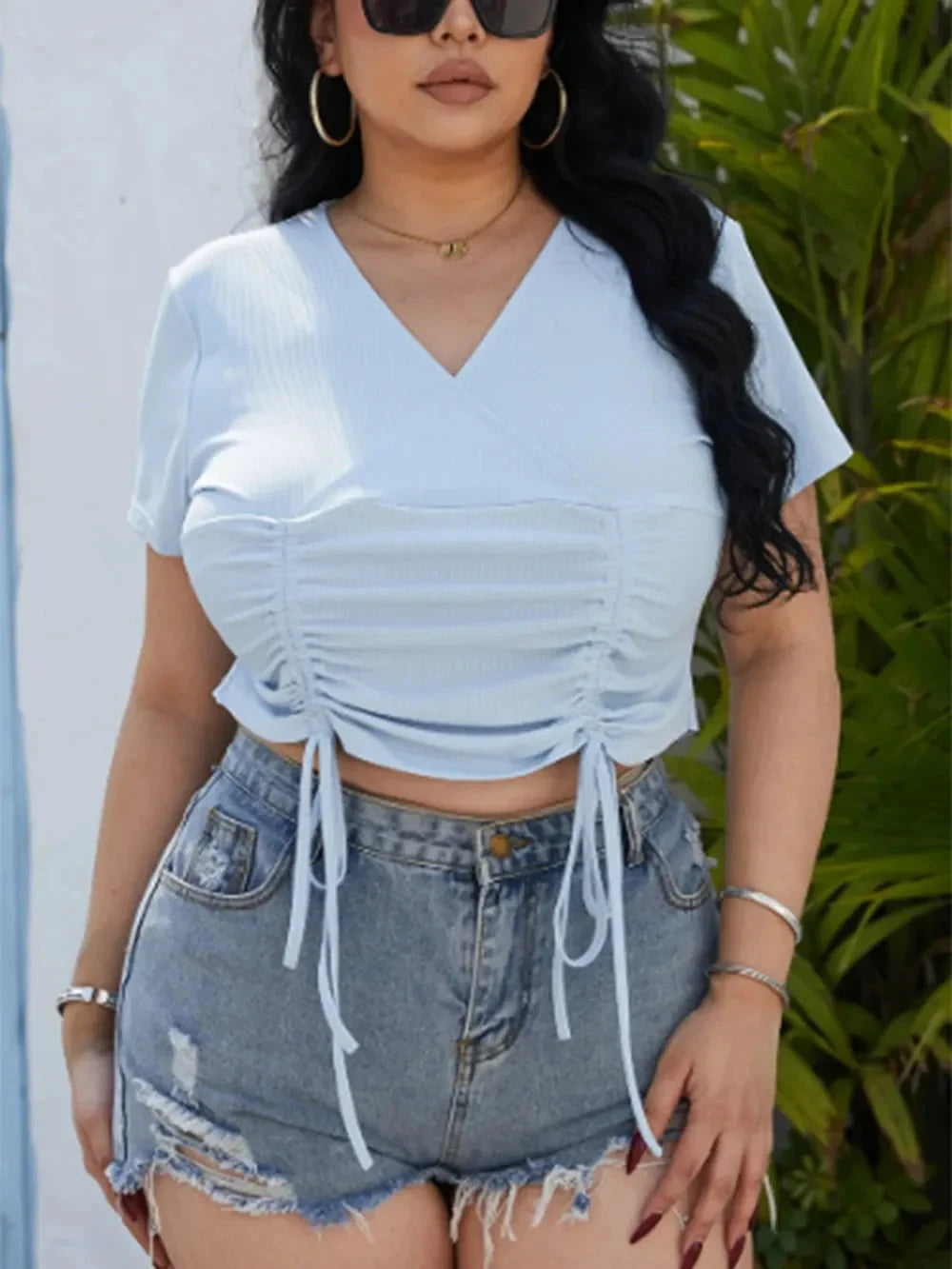 Plus Size Ruched Surplice Short Sleeve Blouse Coco’s Tee Boutique