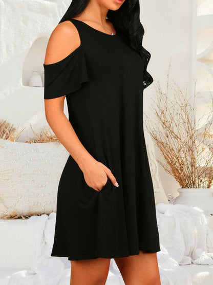 Round Neck Cold Shoulder Short Sleeve Dress.