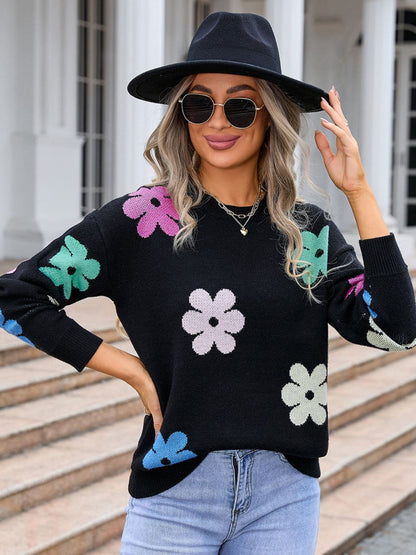 Floral print long sleeve sweater with round neck