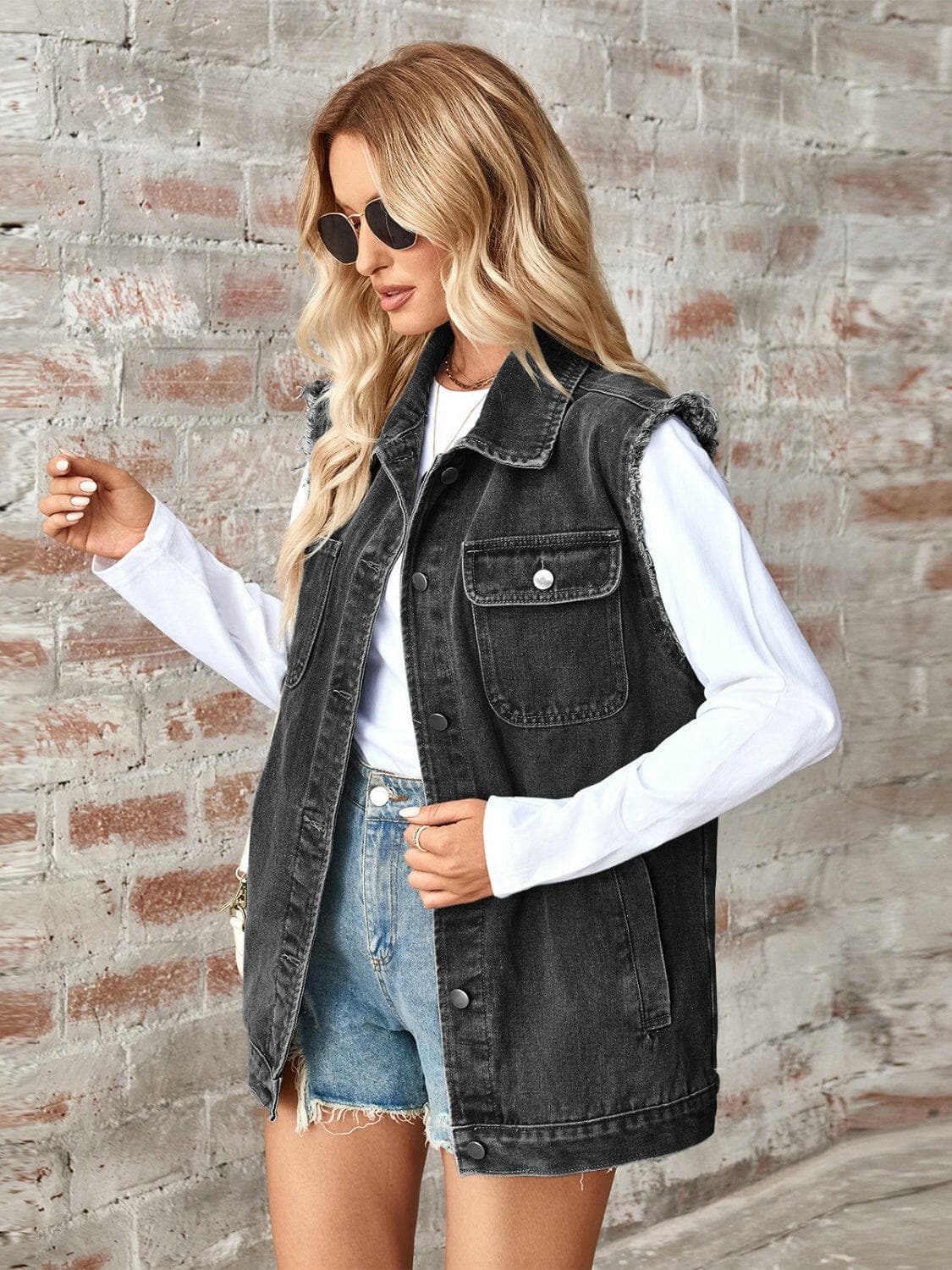 Raw Hem Sleeveless Button Up Denim Jacket.