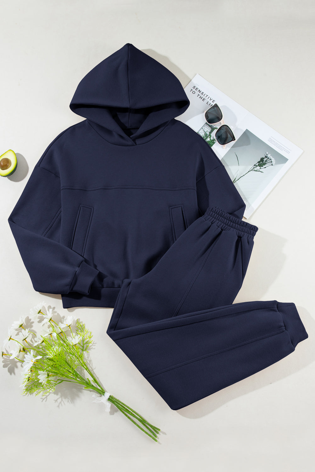 Navy Blue Solid Exposed Seams Hoodie and Joggers Activewear Set Dear-Lover Dropshipping