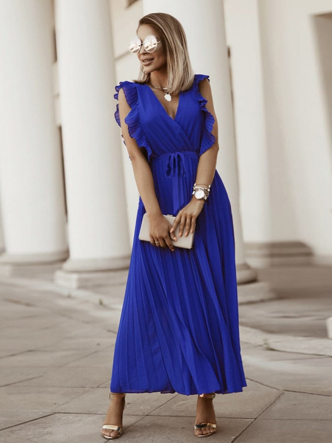 Tied Surplice Cap Sleeve Pleated Dress.