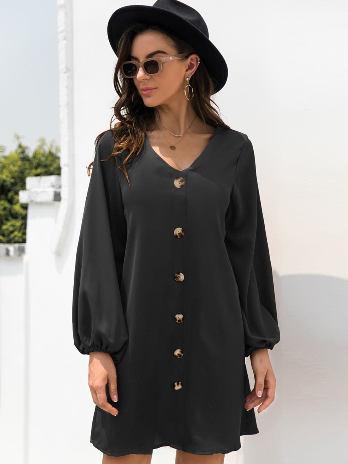 Chic Sheer Mini Dress With V-Neck And Buttoned Detail