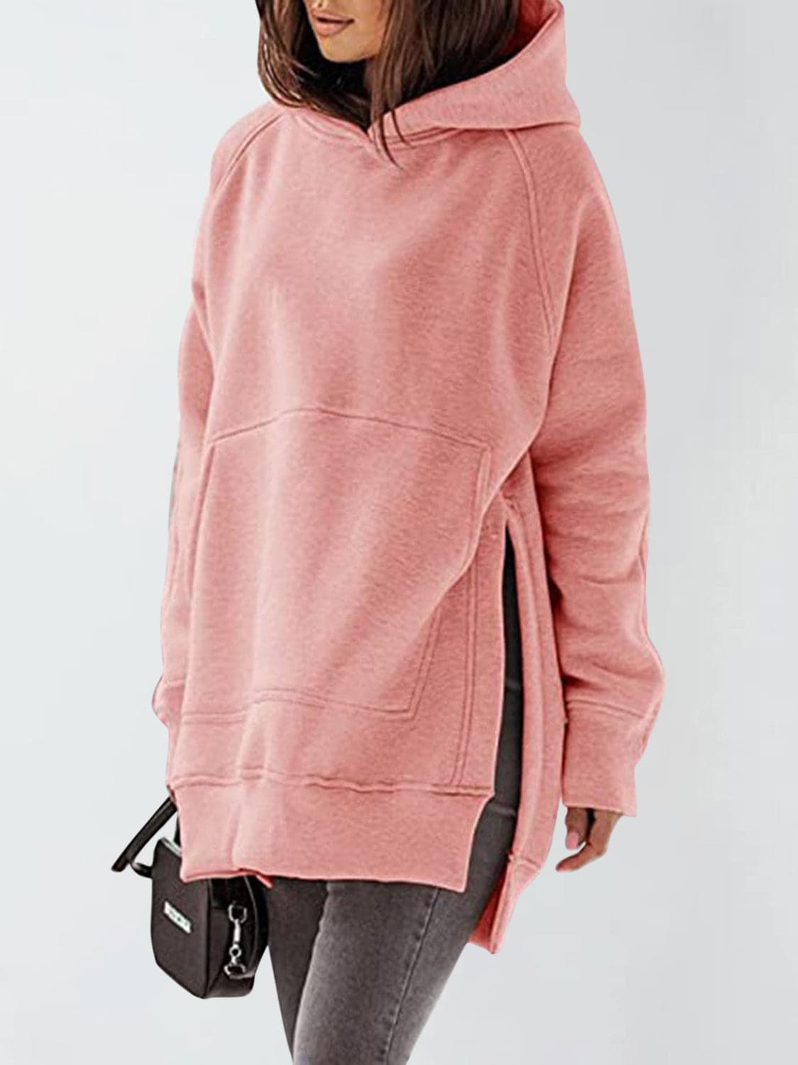 Slit Pocketed Raglan Sleeve Hoodie.