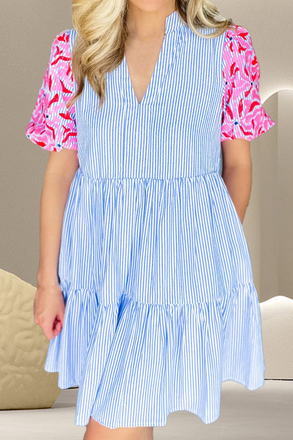 Embroidered Striped Notched Short Sleeve Dress.