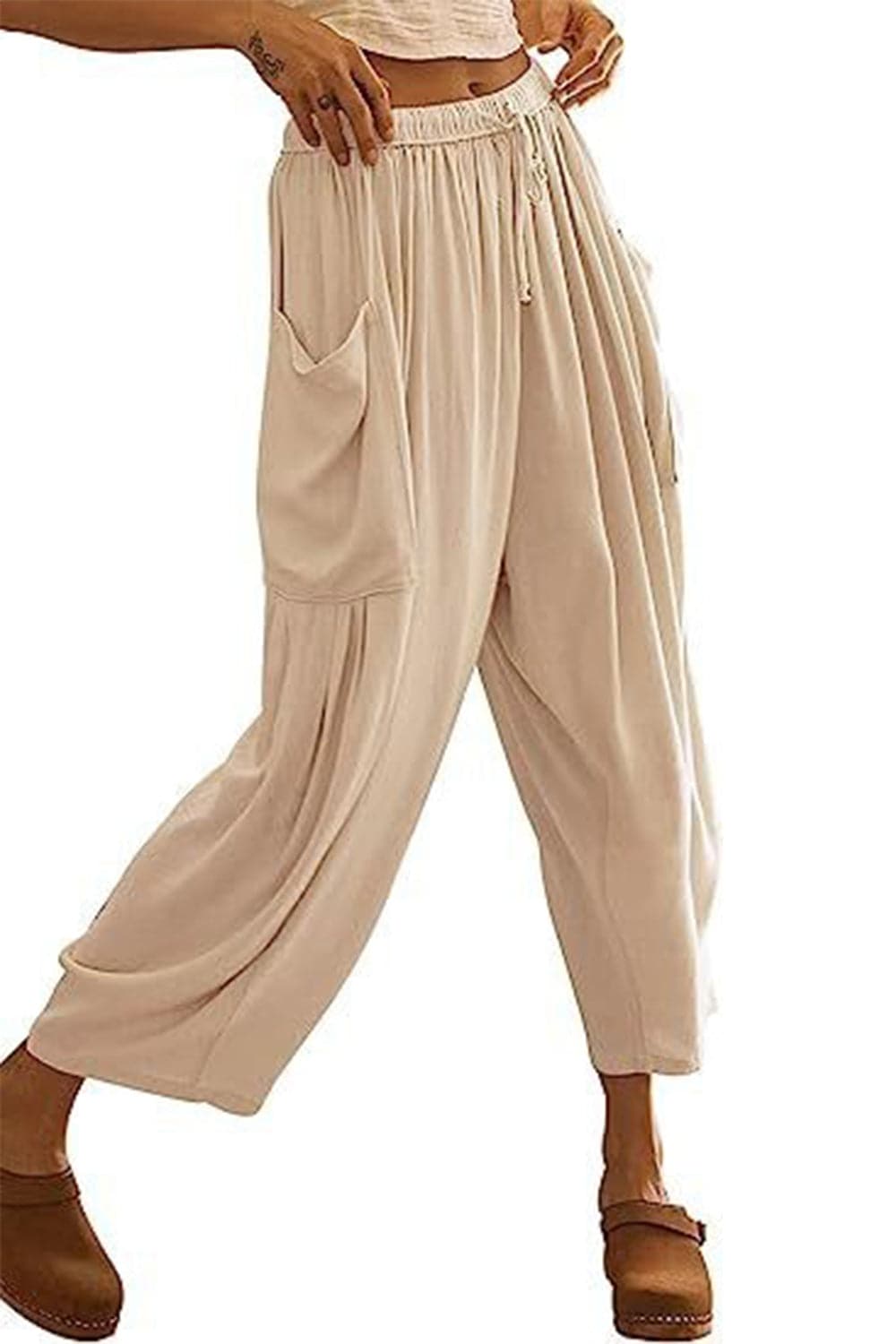 Full Size Pocketed Drawstring Wide Leg Pants.