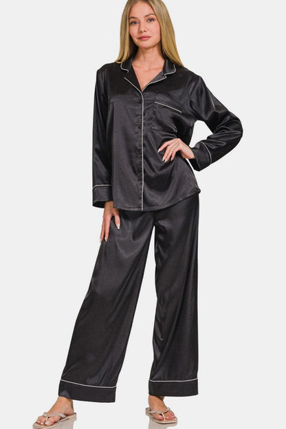 Chic satin long sleeve pajama set with relaxed pants