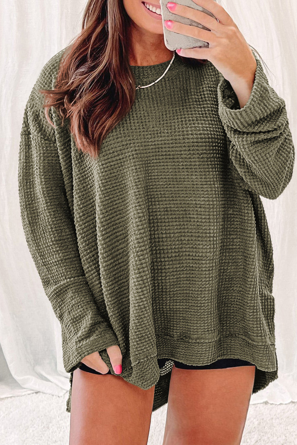 Chic moss green plus size textured knit top with long sleeves