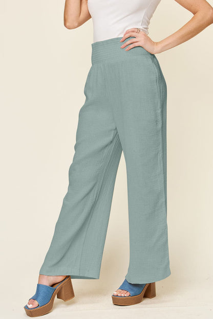 Double Take Full Size Texture Smocked Waist Wide Leg Pants.