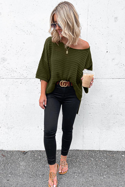 Green Textured Knit Drop Shoulder Short Sleeve Sweater for Women