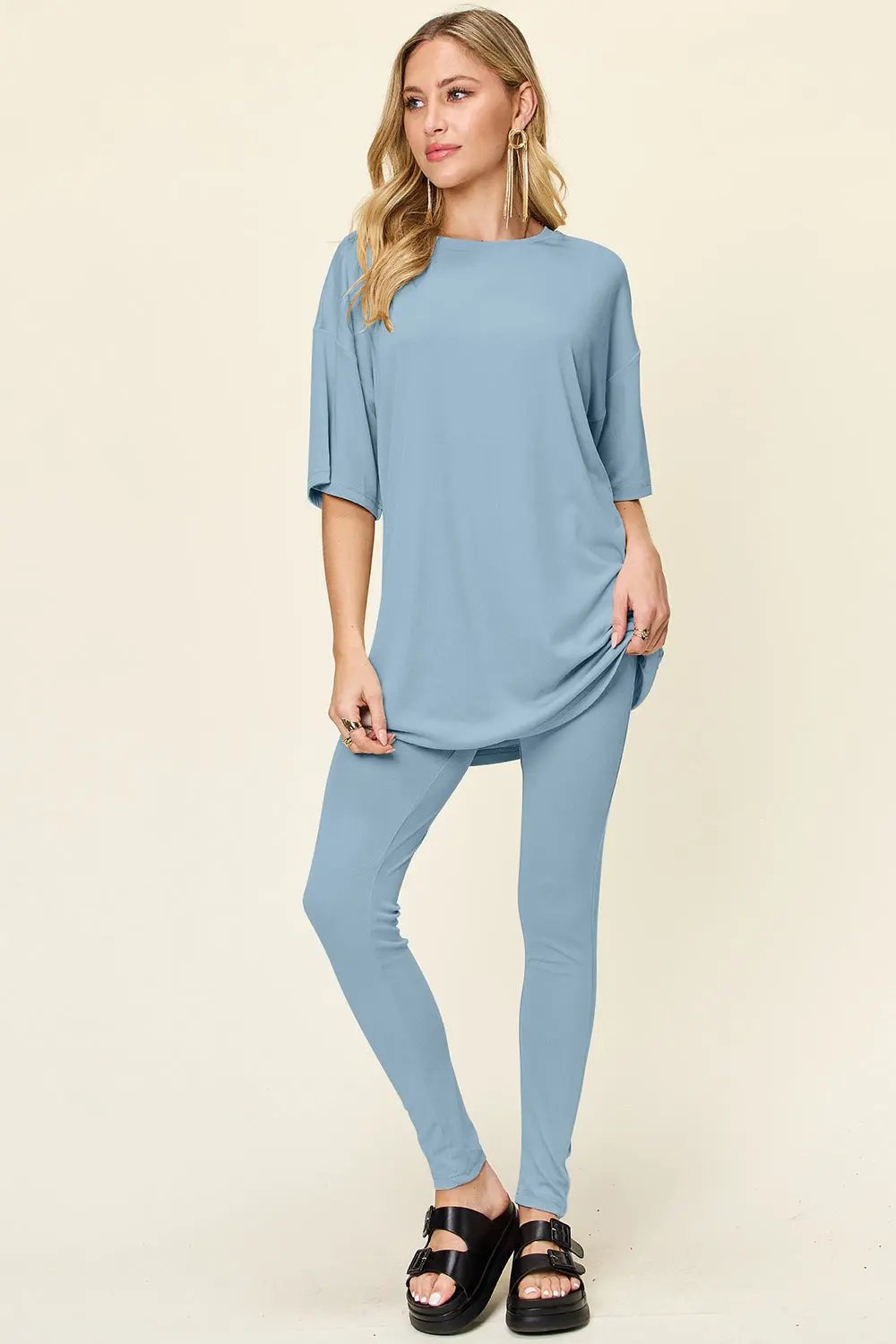 Double Take Full Size Round Neck Dropped Shoulder T-Shirt and Leggings Set - Love Salve