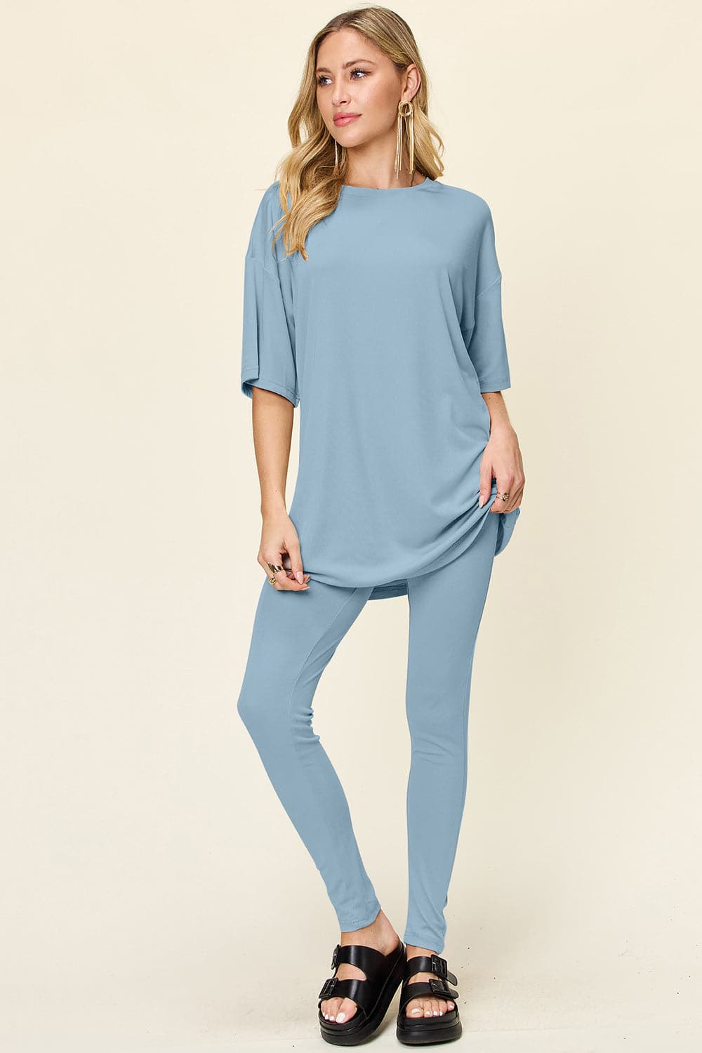 Double Take Full Size Round Neck Dropped Shoulder T-Shirt and Leggings Set.