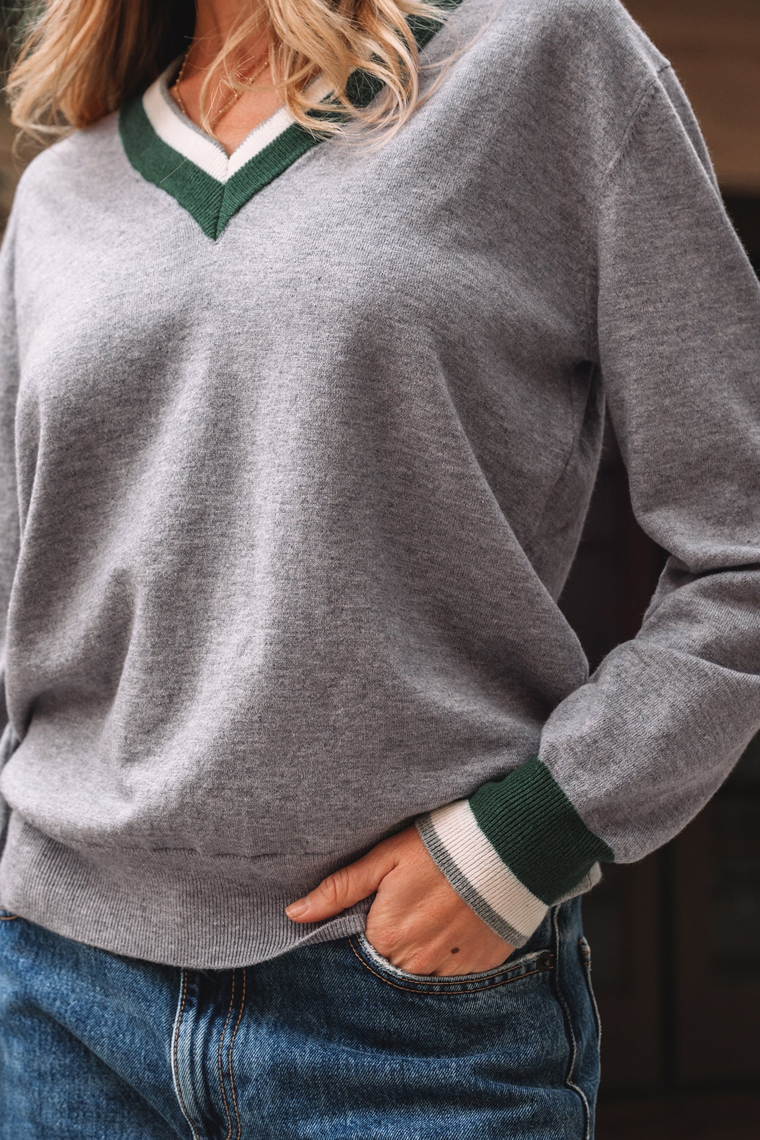 Dear-Lover Gray Striped Trim Unisex Casual Knit Sweater Lightweight Fall Top Dear-Lover Dropshipping