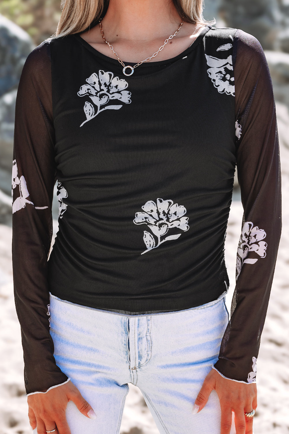 Black Floral Mesh Long Sleeve Top with Lettuce Edge and Ruched Detailing