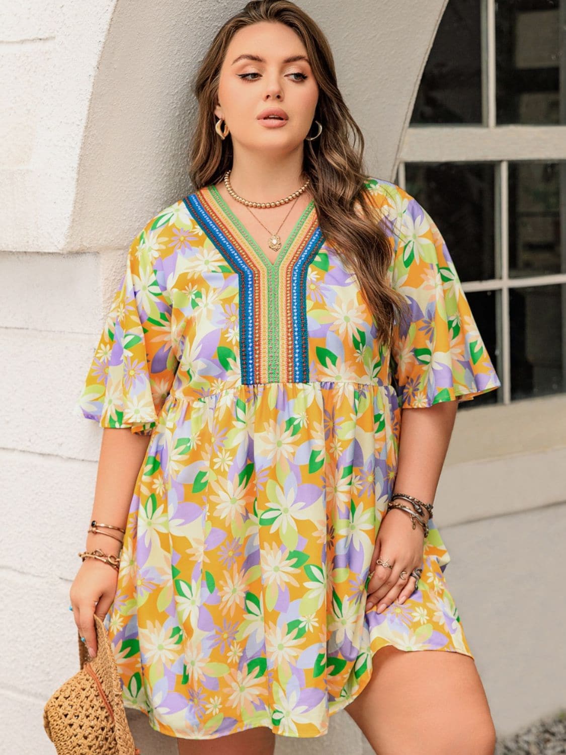 Plus Size Printed V-Neck Half Sleeve Mini Dress.