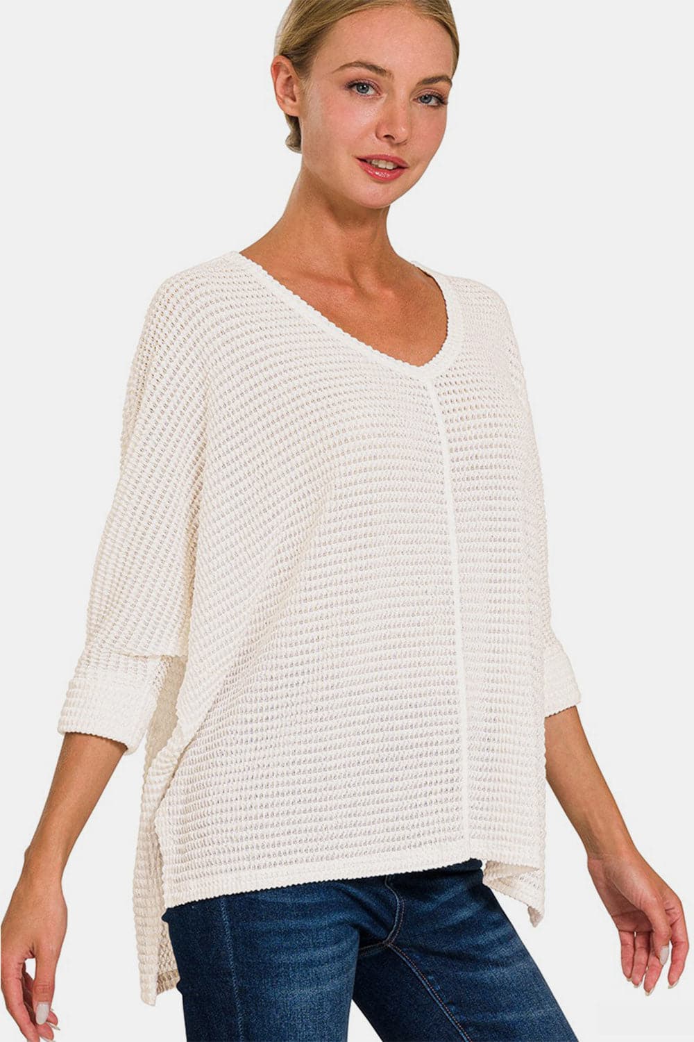 Zenana Full Size Round Neck High-Low Slit Knit Top.