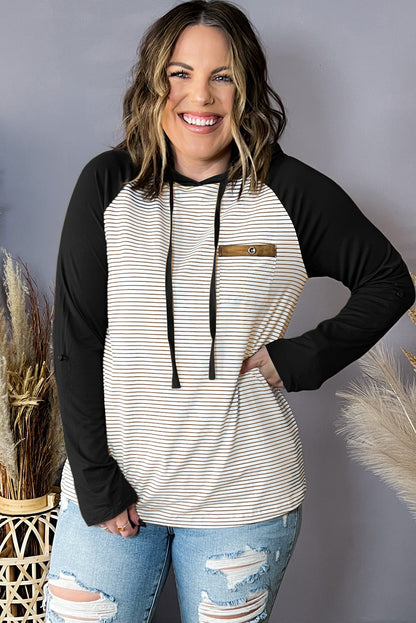 Plus size black and white striped hoodie with raglan sleeves and button pocket