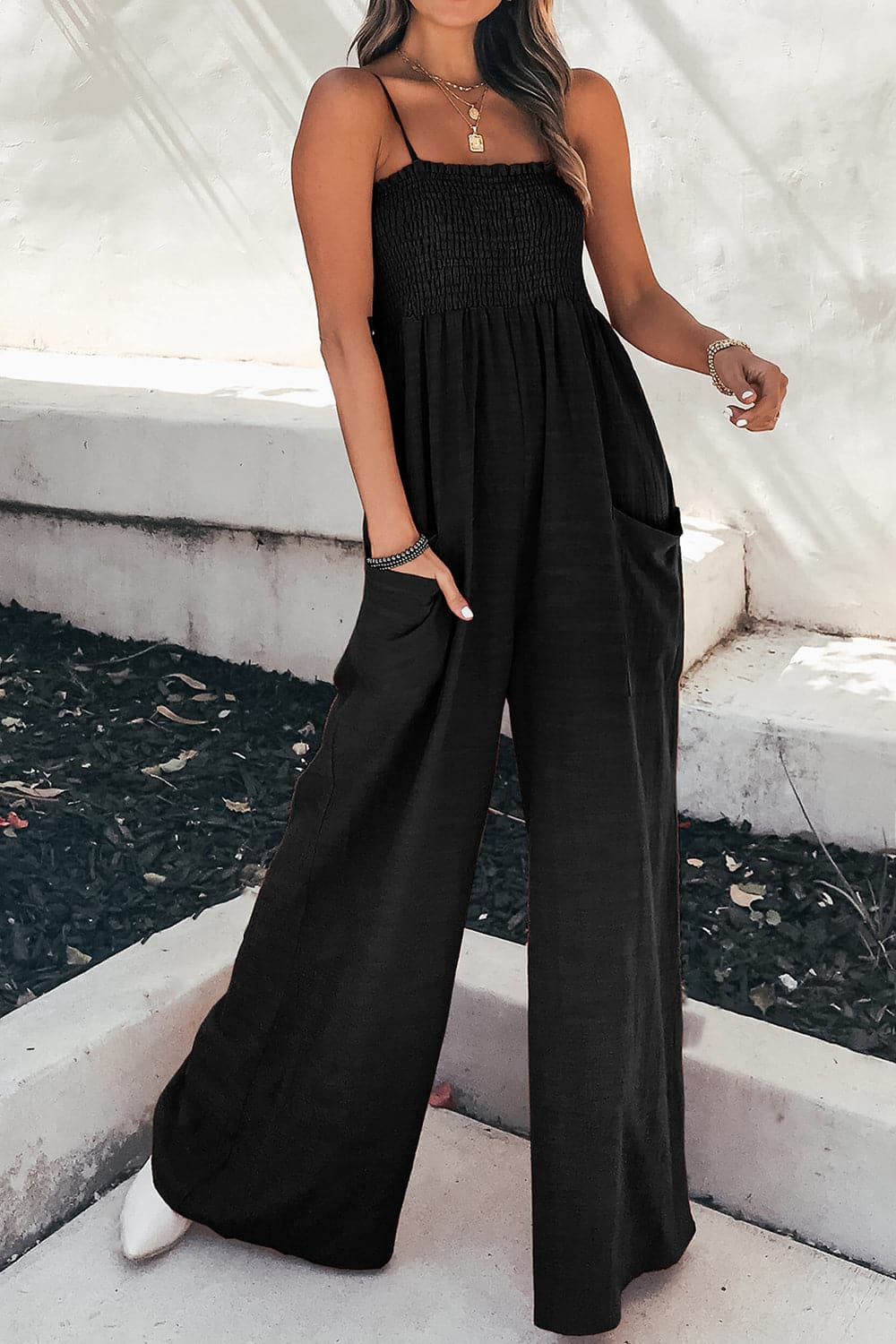 Smocked Spaghetti Strap Wide Leg Jumpsuit.