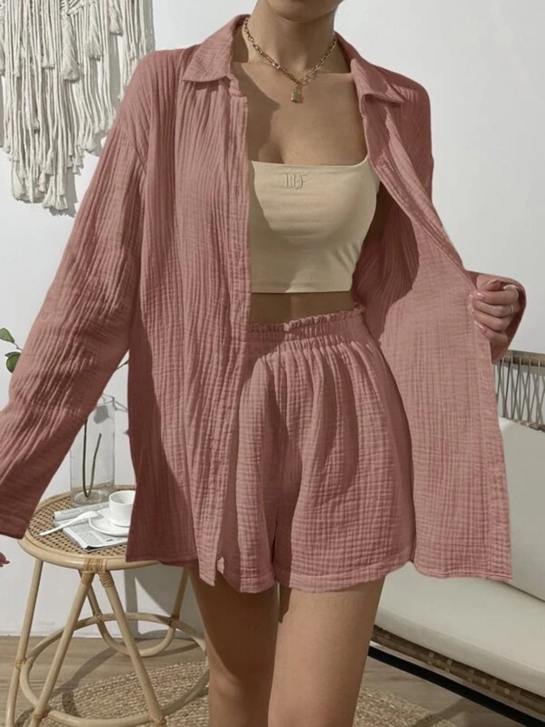 Dropped Shoulder Button Up Top and Elastic Waist Shorts Set.