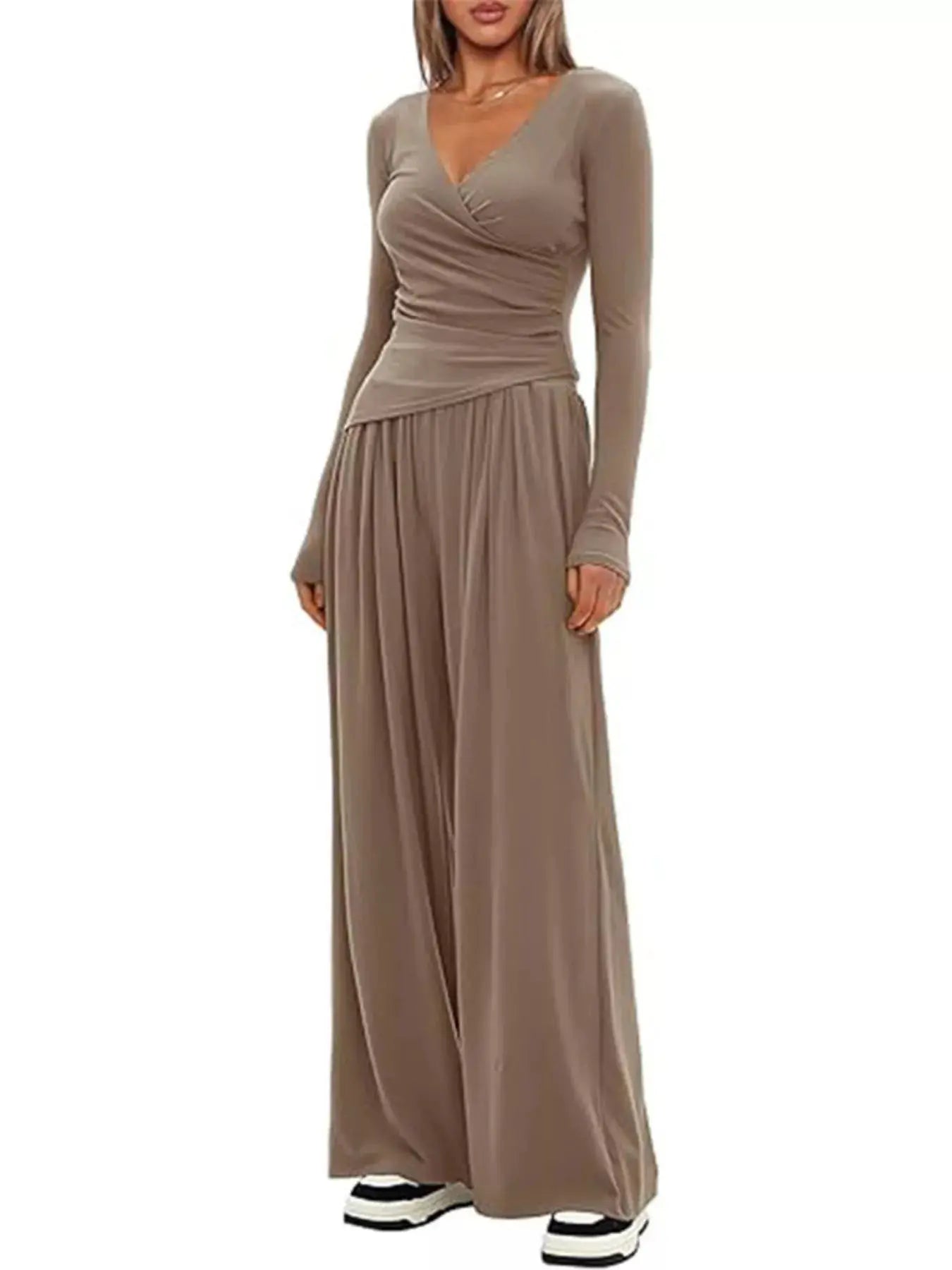 Casual Brown Long Sleeve Wrap Top And Wide Leg Pants Two-Piece Set Simply Love