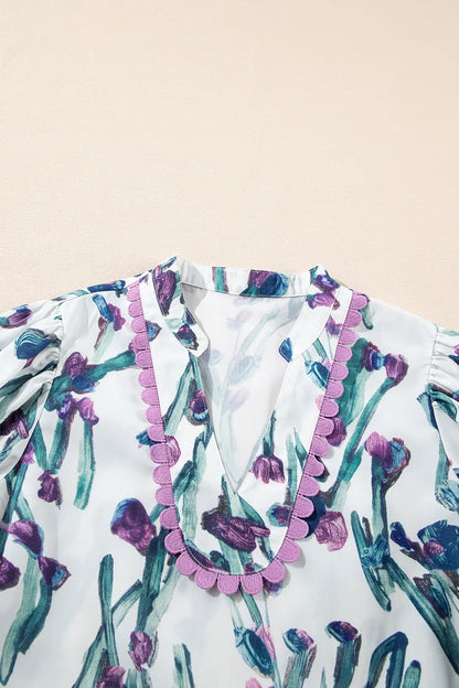 Floral Ricrac Trim Half Sleeve Peplum Top