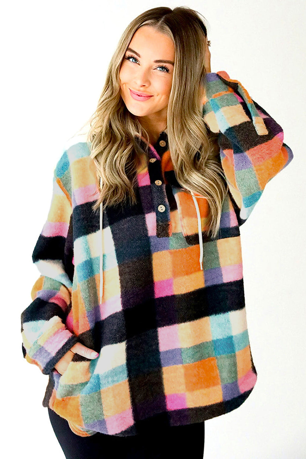 Colorful plaid buttoned hoodie with flap pockets